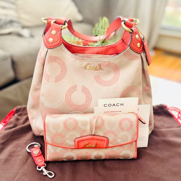 Coach Handbags - 4 Piece COACH Ashley Signature Hobo With Wallet Keychain And Dustbag Deep Coral